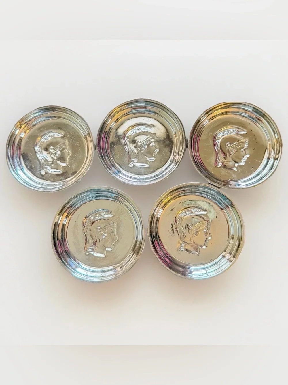 Vintage Set Of‎ 5 Mercury Glass Mid Century Coasters Silver Roman Head Trojan